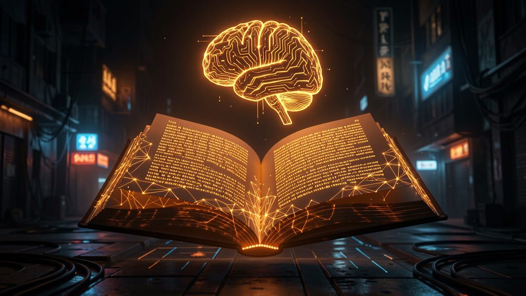 A glowing journal with neural network patterns