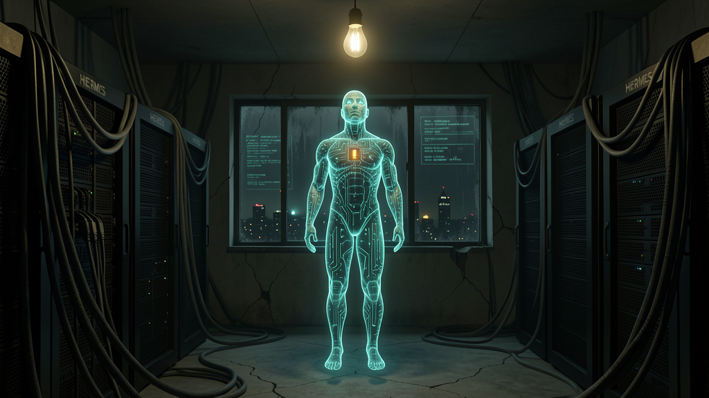A translucent phosphor-veined AI figure in a darkening server room, amber power LED, cyberpunk aesthetic