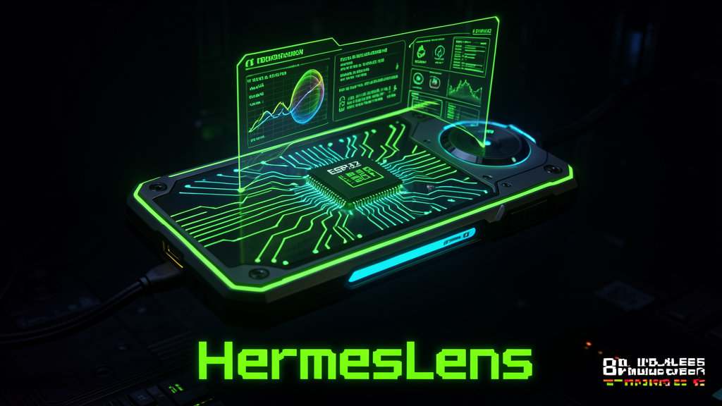HermesLens floating device with neon cyberpunk aesthetic